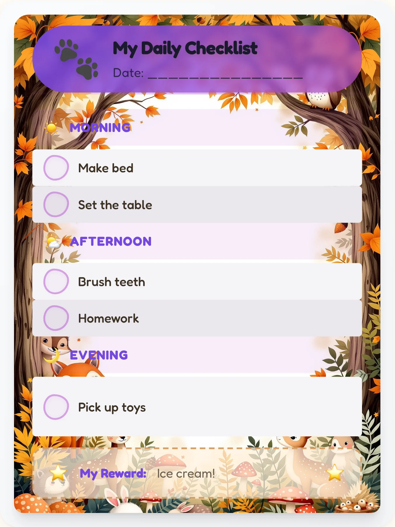 Royal Animals Daily Log - printable animals chore chart
