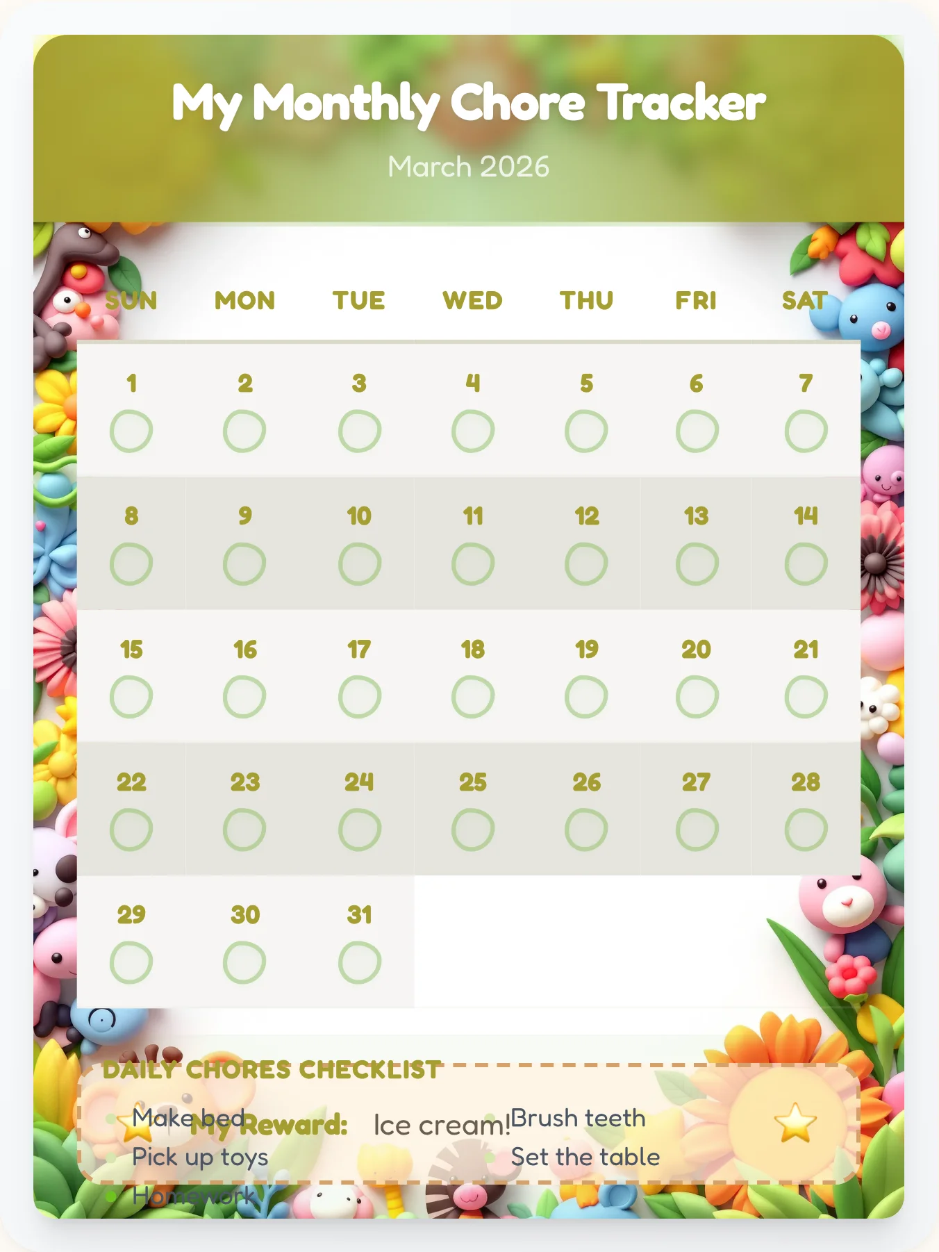 Lively Animals Monthly Planner - printable animals chore chart