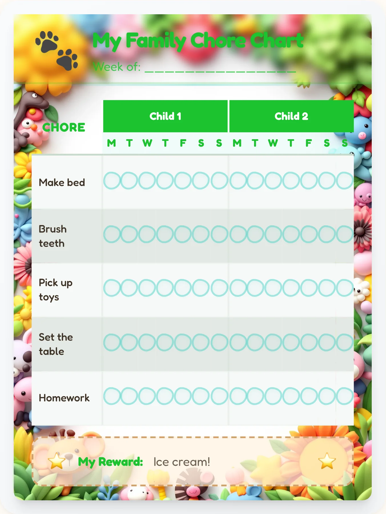Vivid Animals Group Planner - printable animals chore chart