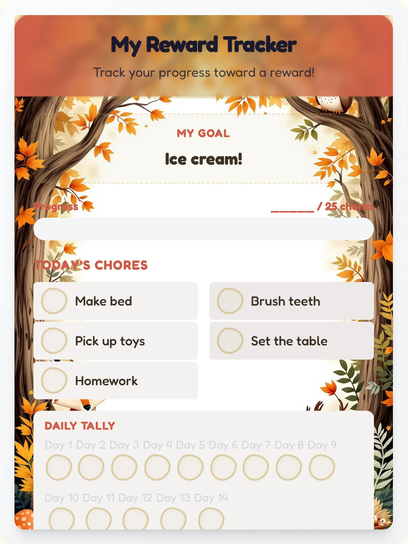 Cozy Animals Prize Chart - printable animals chore chart