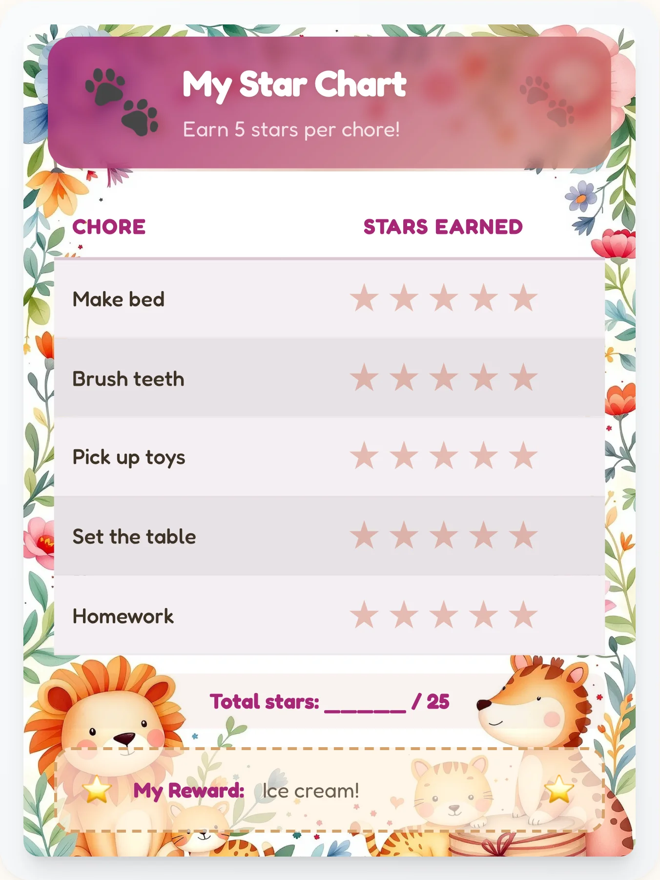 Calm Animals Star Board - printable animals chore chart