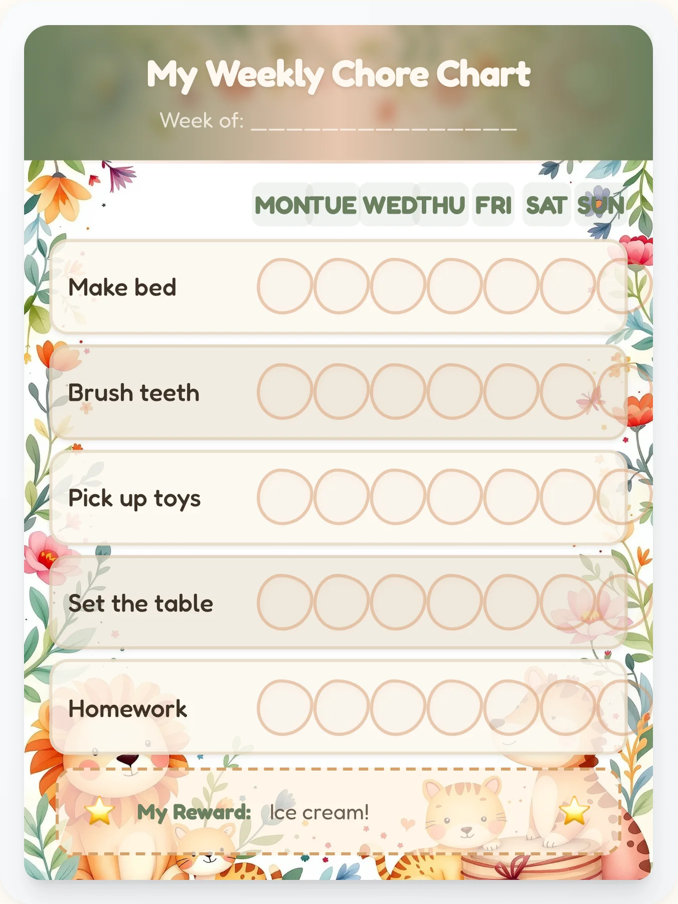 Woodland Watercolor Friends Chore Chart - printable animals chore chart