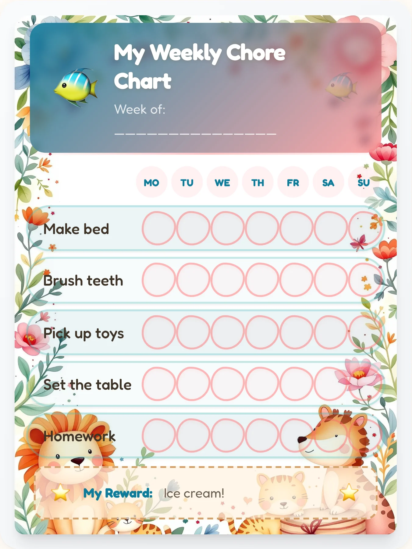 Ocean Splash Watercolor Critters Chore Chart - printable animals chore chart