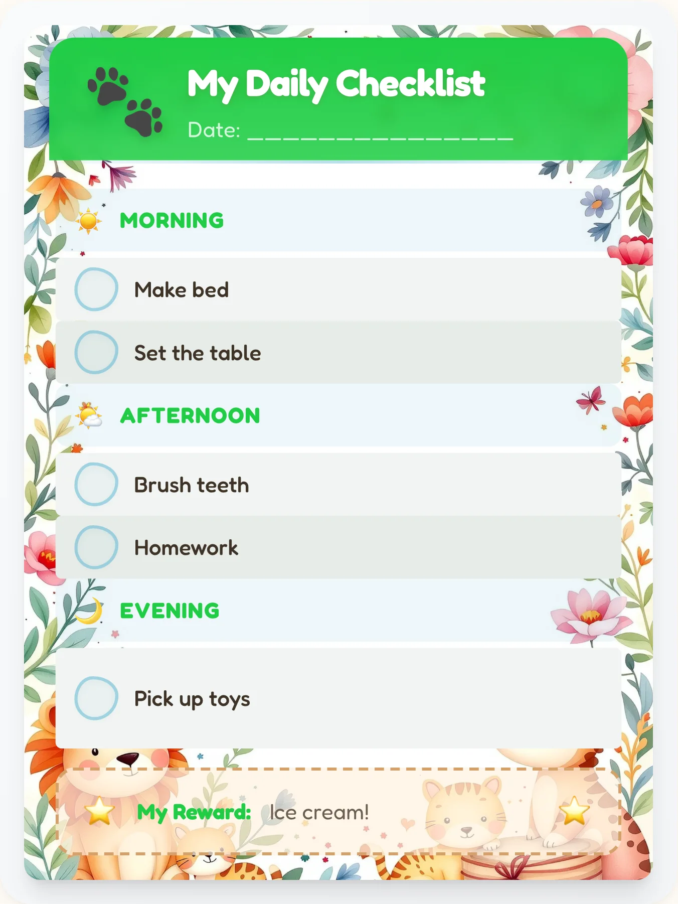 Hazy Animals Day Tracker - printable animals chore chart