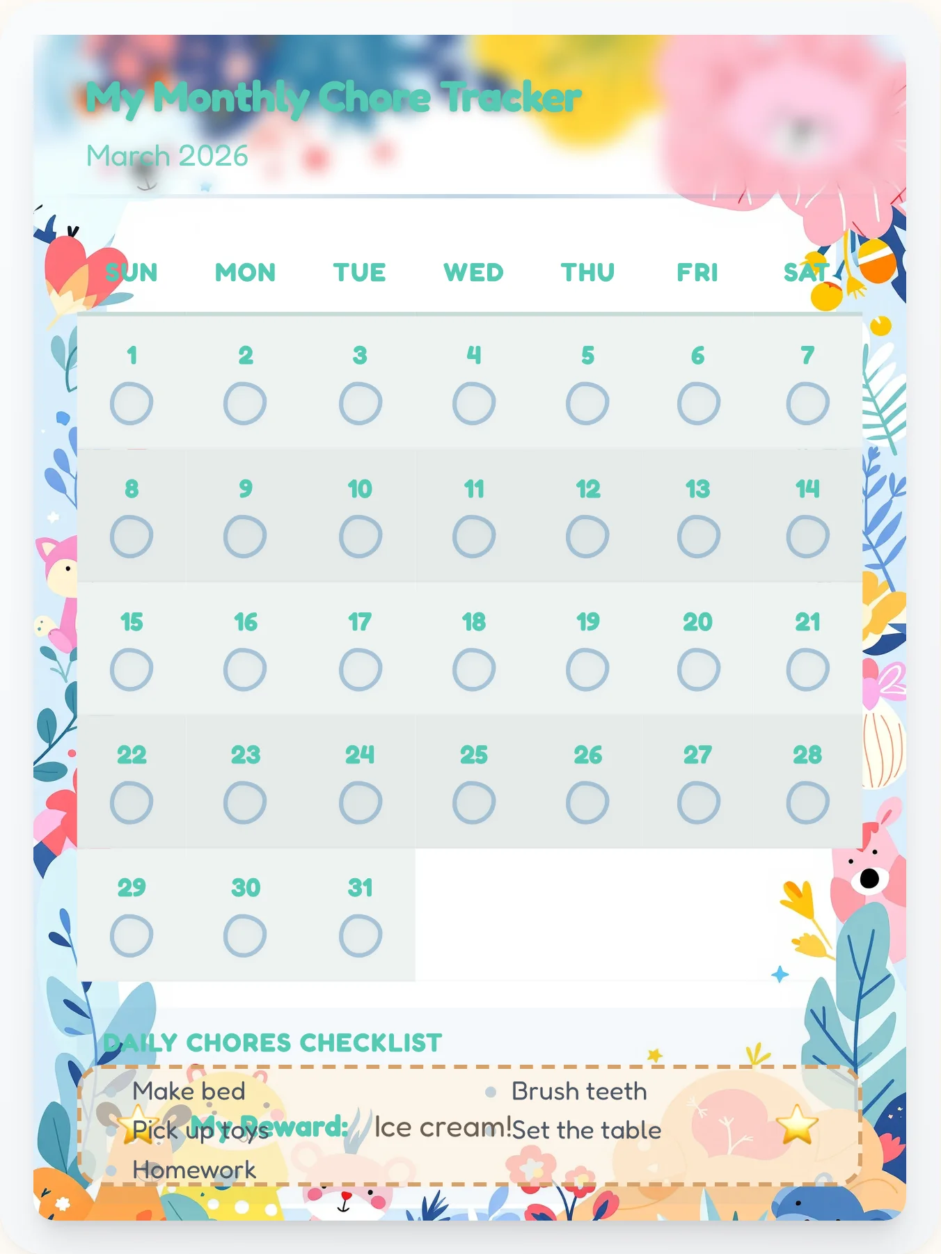 Funky Animals Monthly Planner - printable animals chore chart