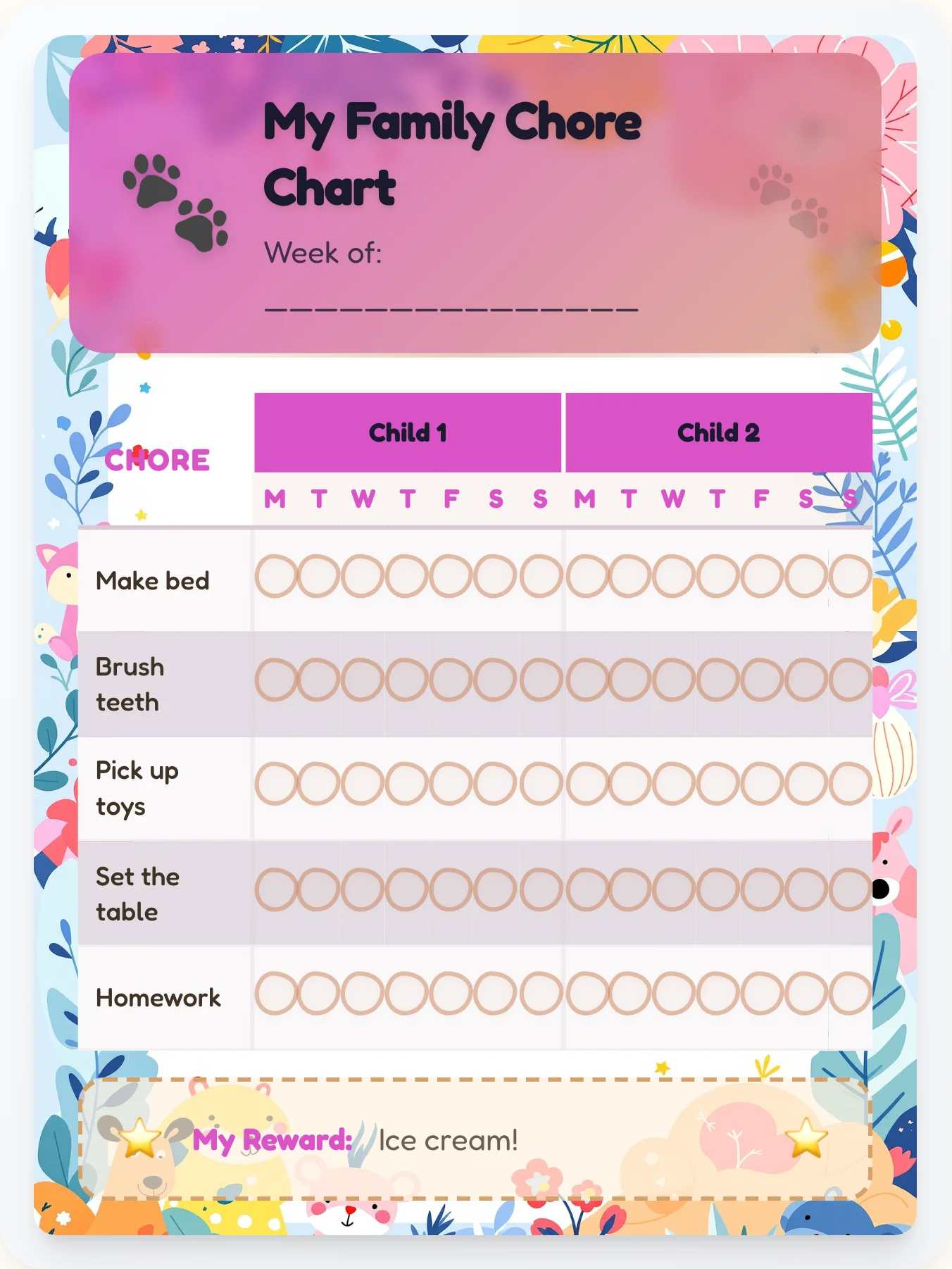 Airy Animals Multi-Kid Tracker - printable animals chore chart