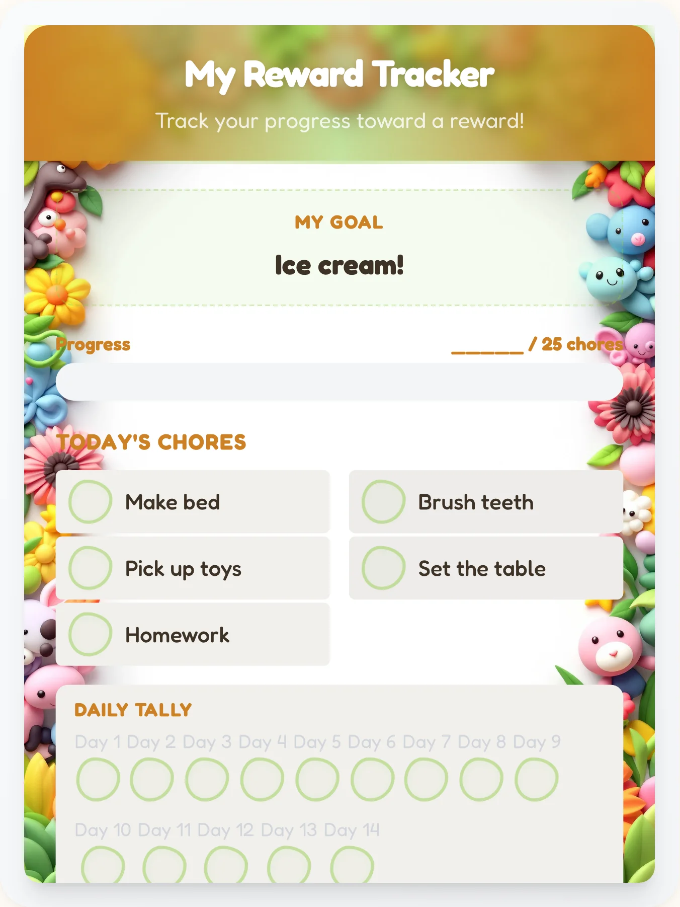 Golden Animals Goal Chart - printable animals chore chart