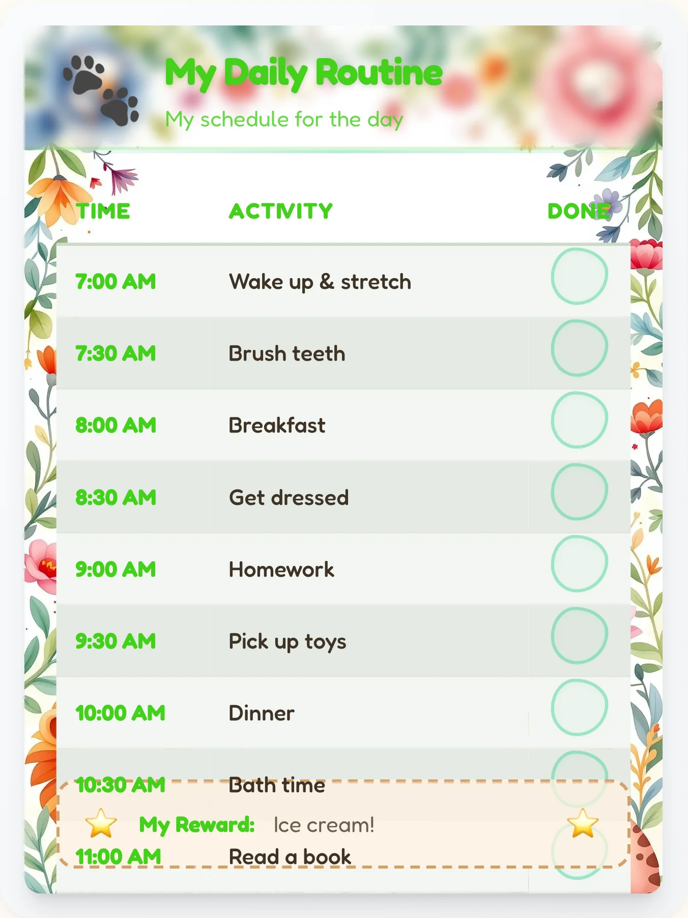Sunny Animals Flow Chart - printable animals chore chart