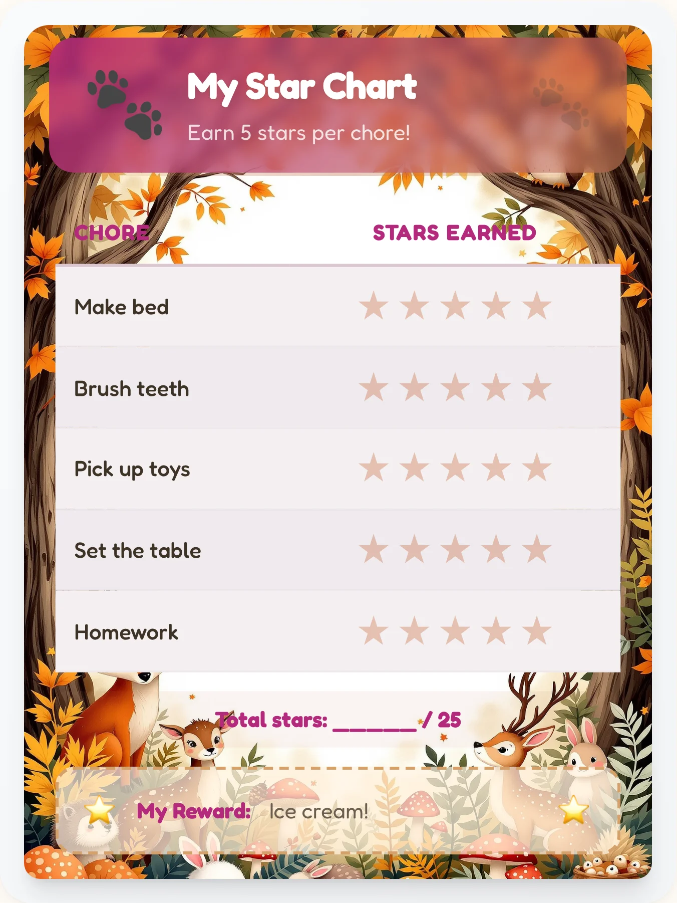 Calm Animals Star Board - printable animals chore chart
