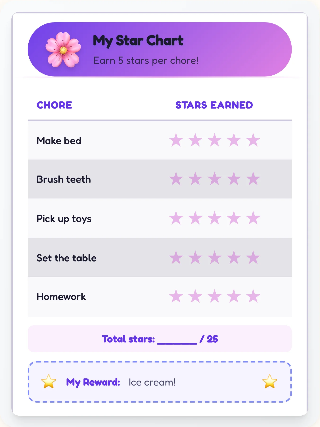 Royal Anime Gold Stars - printable anime chore chart