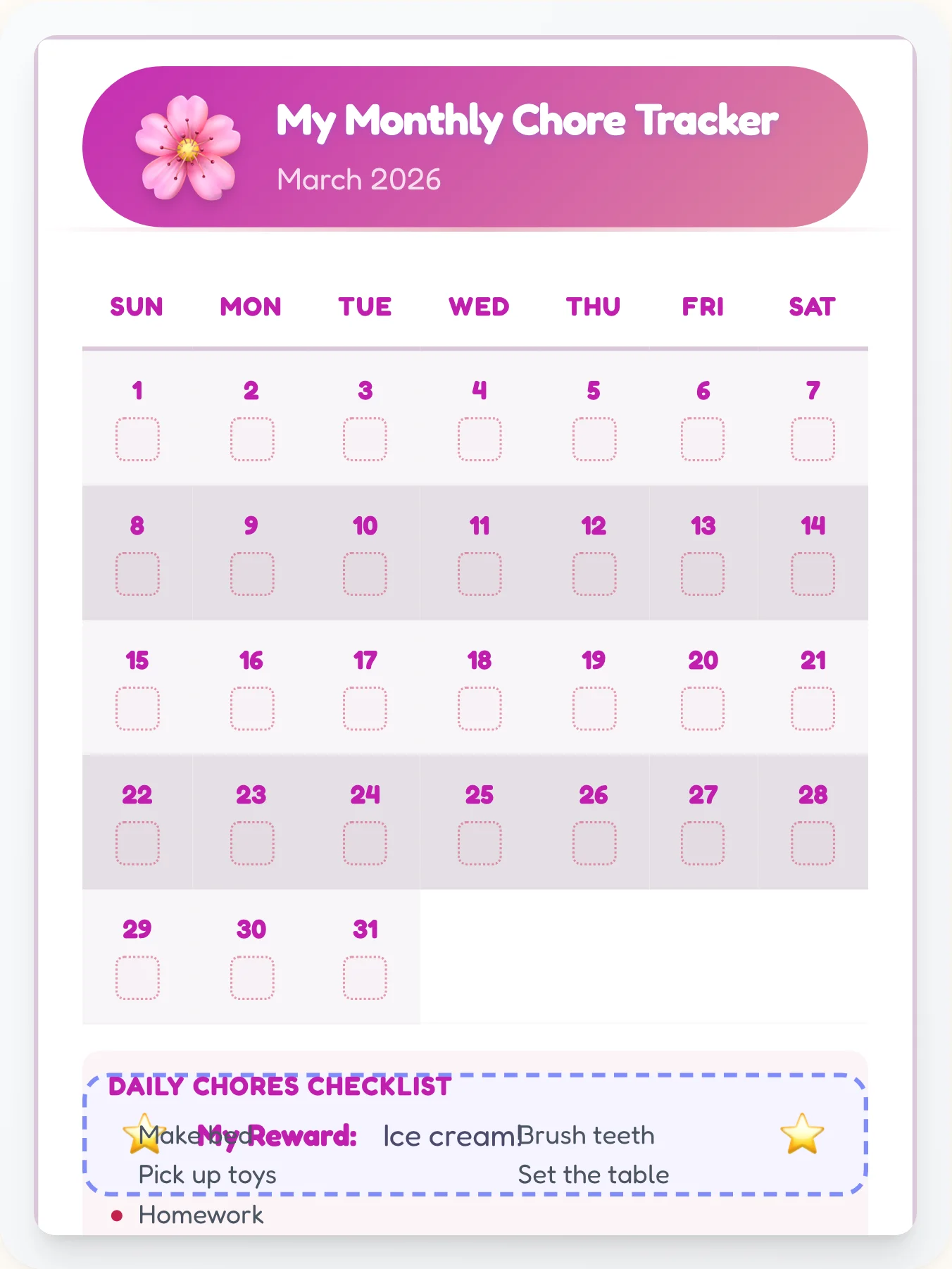 Airy Anime Calendar Board - printable anime chore chart