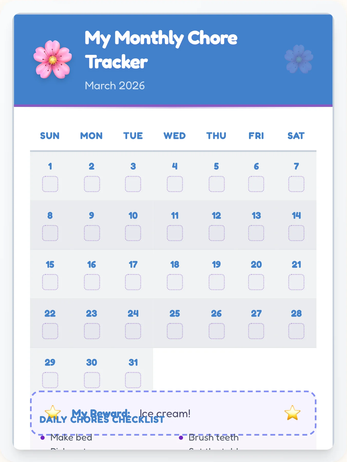 Kind Anime Calendar Chart - printable anime chore chart