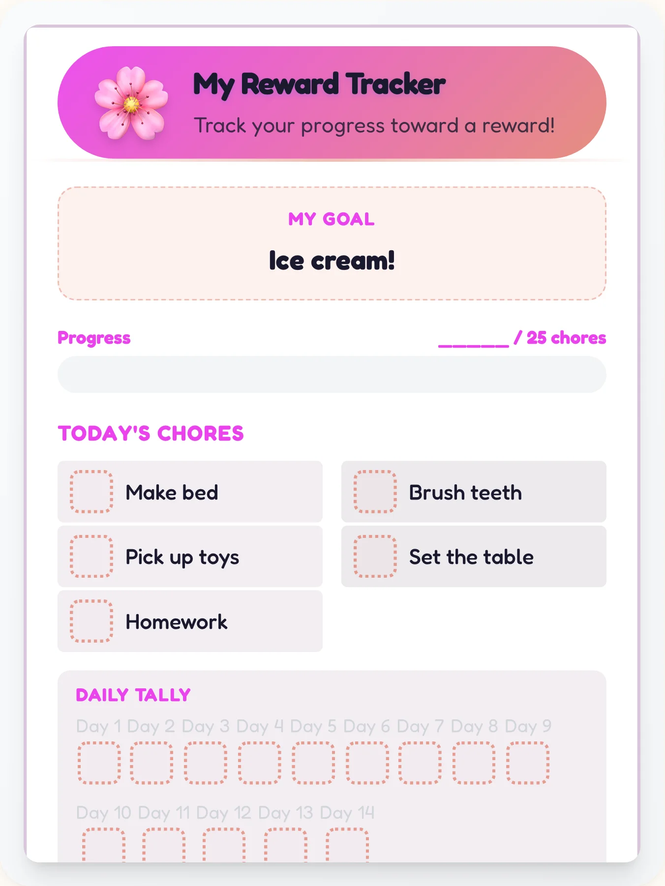 Whimsical Anime Goal Chart - printable anime chore chart