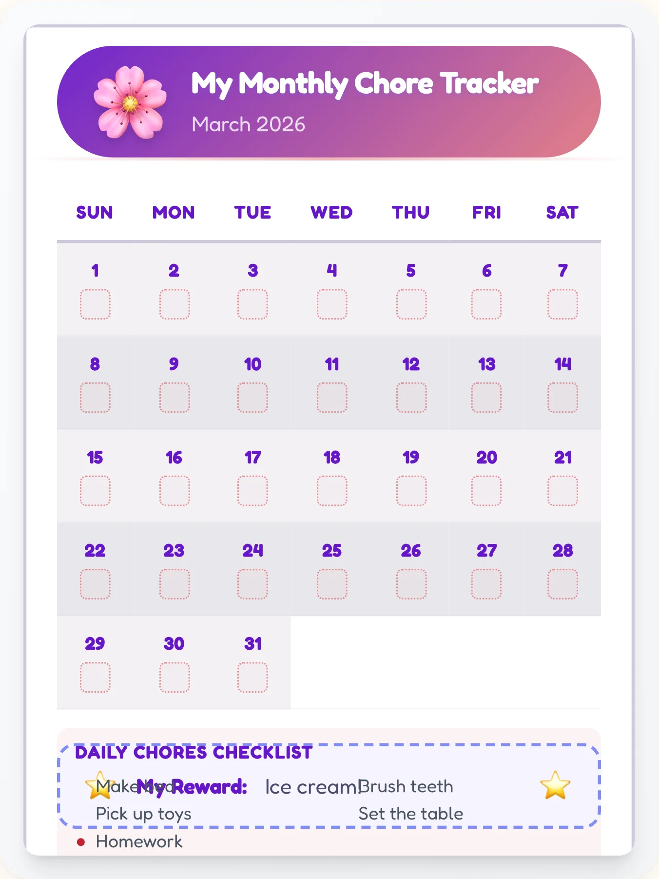 Serene Anime Calendar Chart - printable anime chore chart
