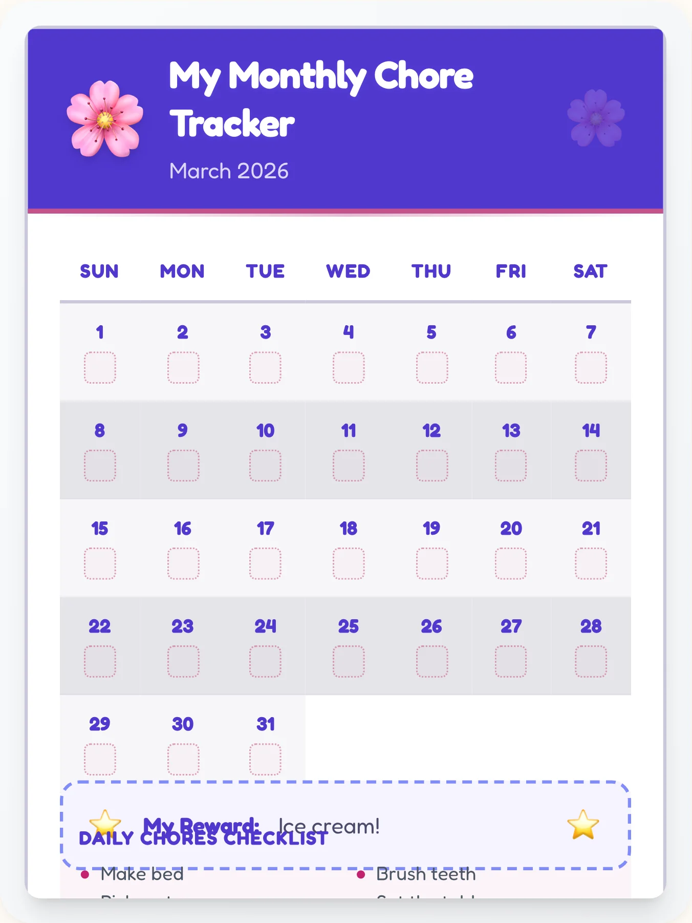 Peaceful Anime Month View - printable anime chore chart