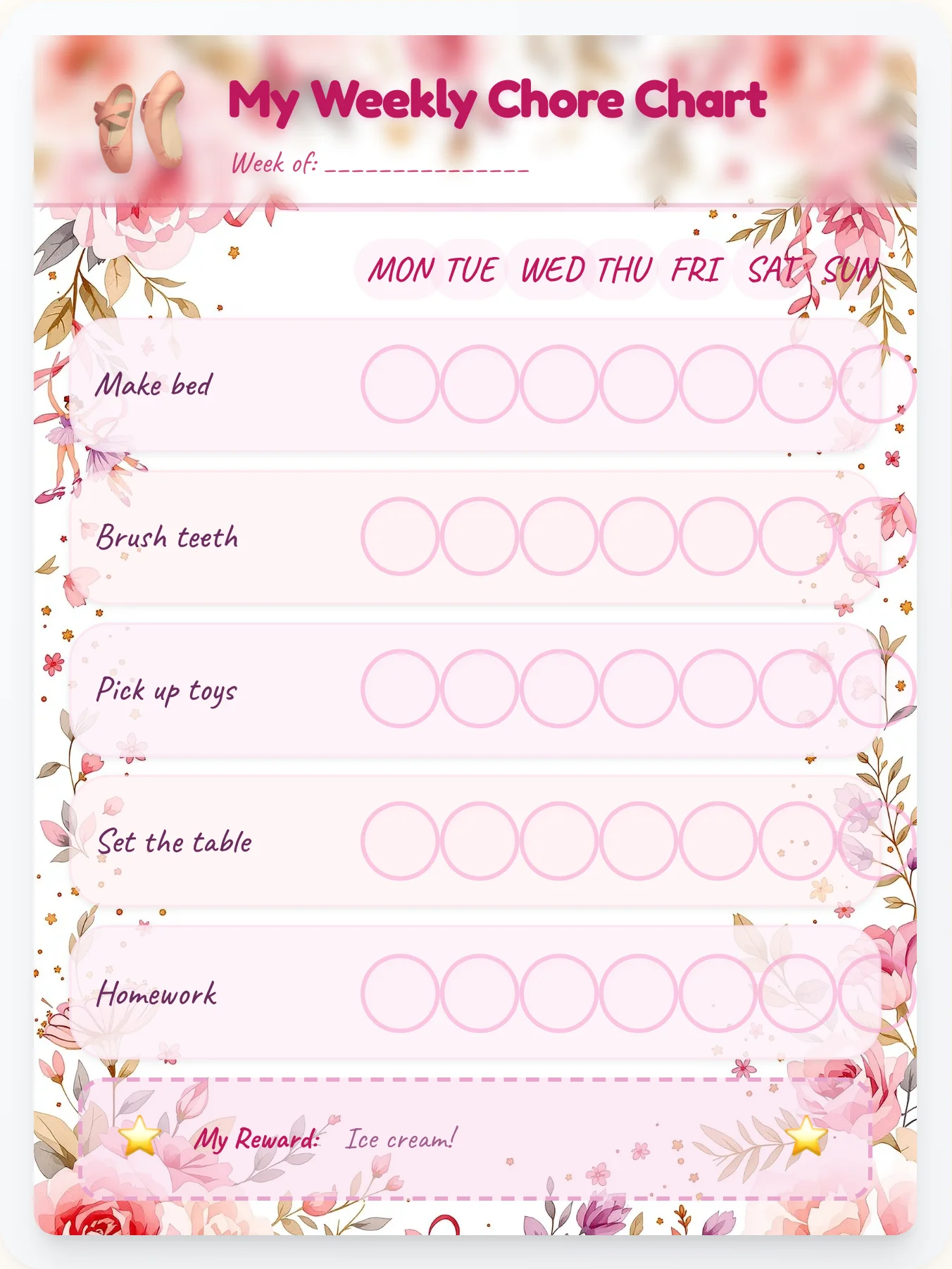 Ballet Dreams Watercolor Chore Chart - printable ballerina chore chart