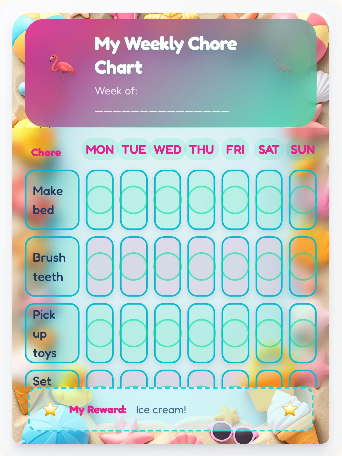 Tropical Fiesta 3D Clay Beach Chore Chart for Kids | Printable Weekly Grid - printable beach chore chart
