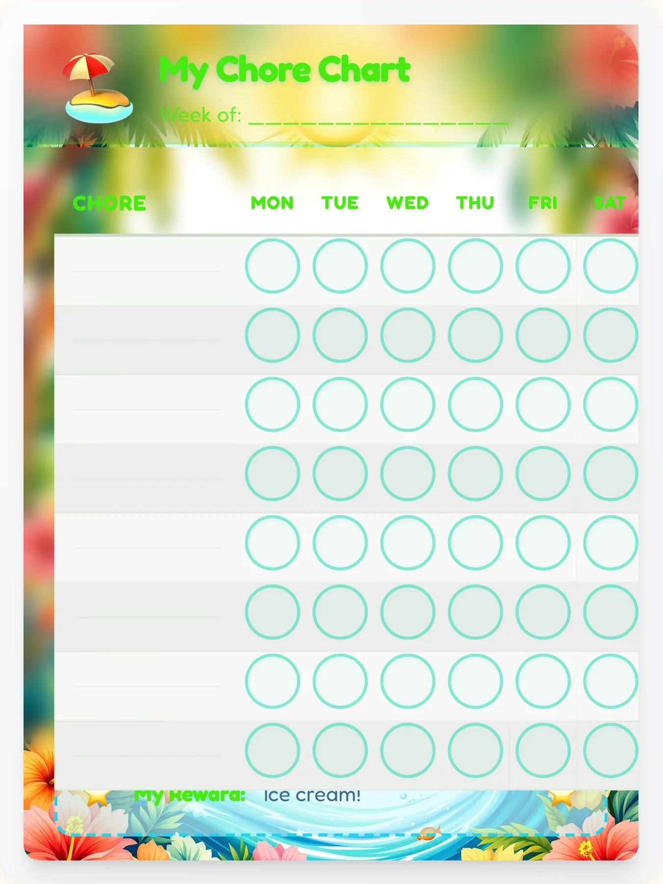 Sunny Beach DIY Chart - printable beach chore chart