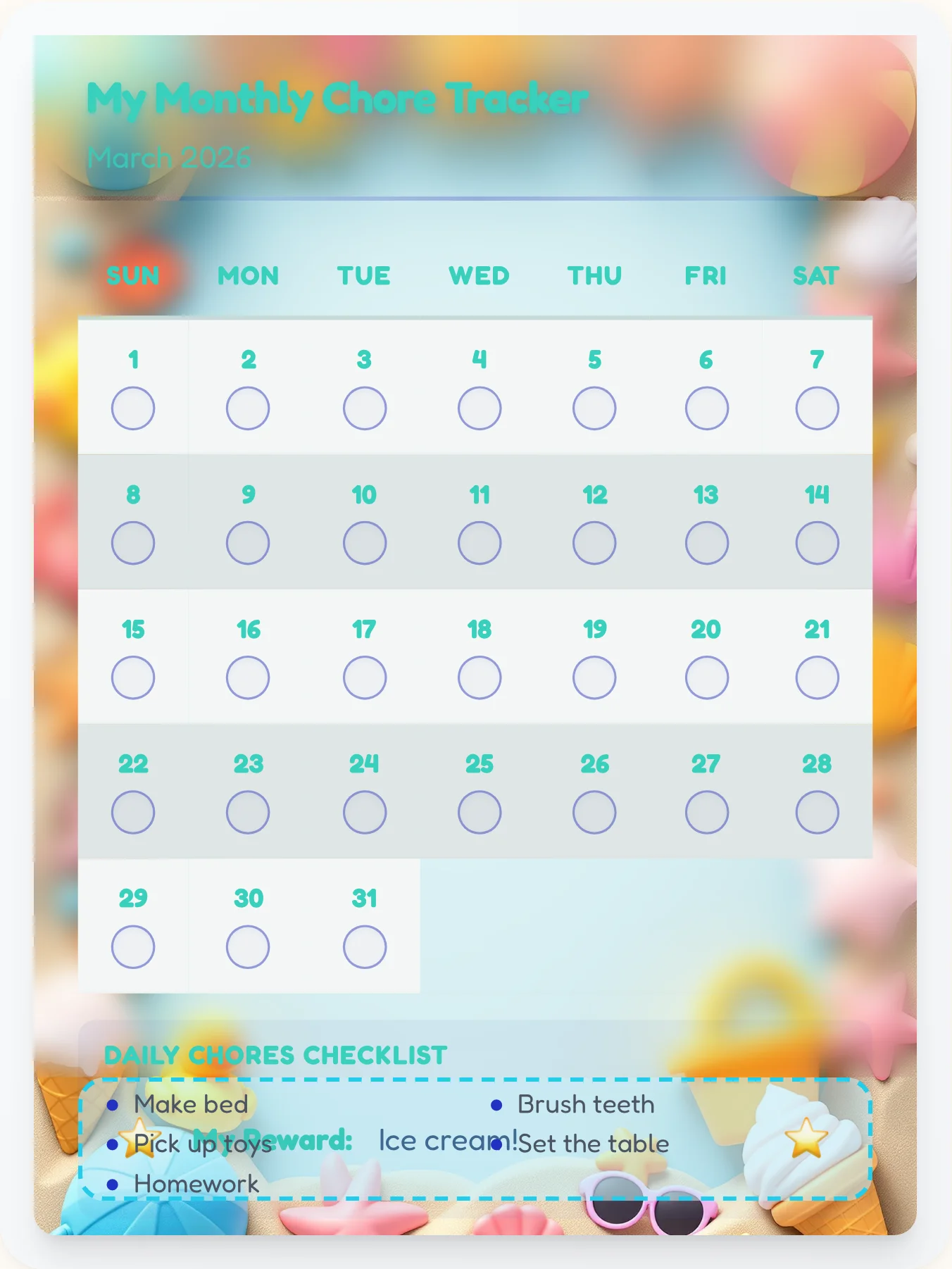 Funky Beach Month View - printable beach chore chart