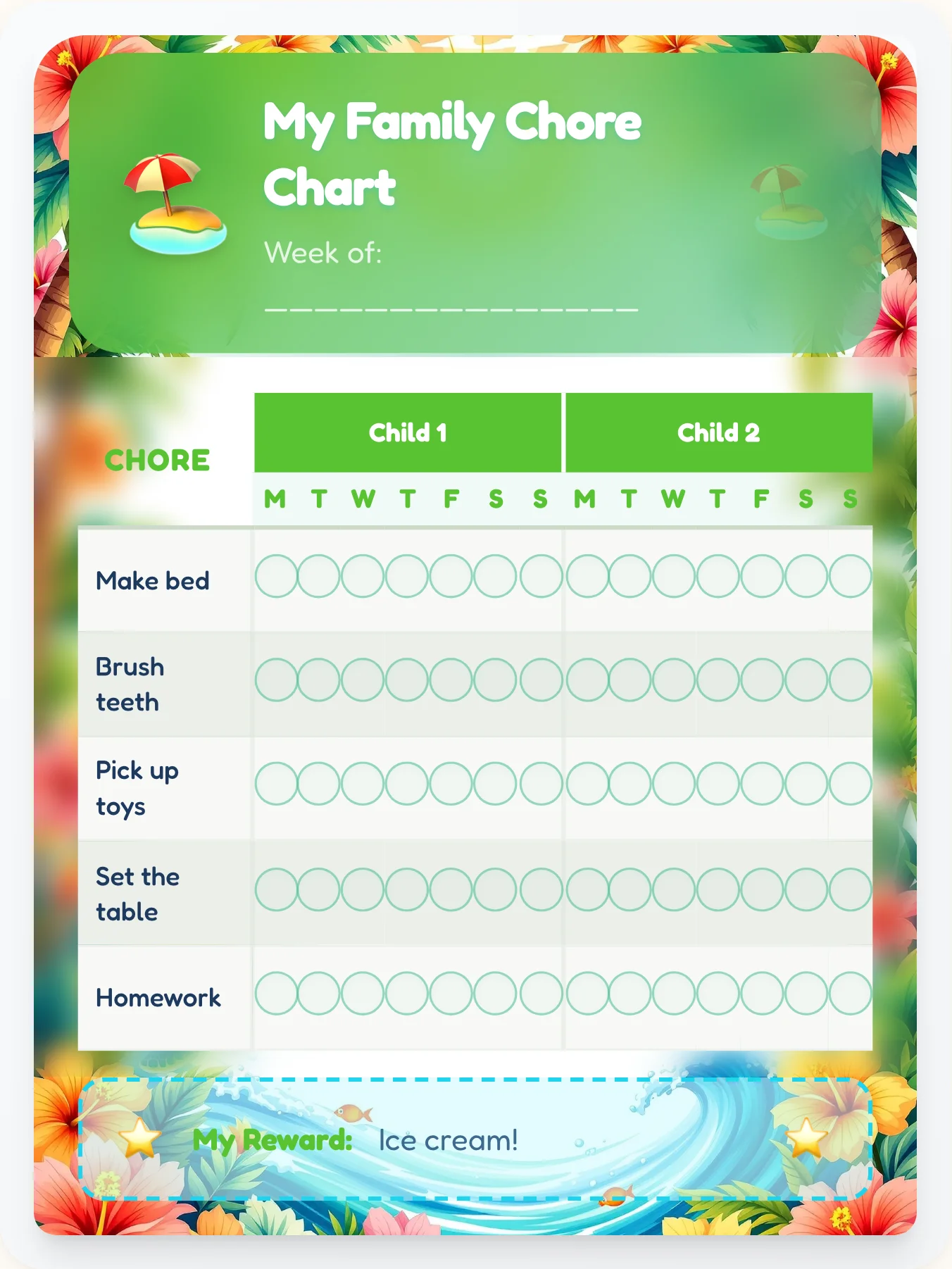 Sunny Beach Sibling Board - printable beach chore chart