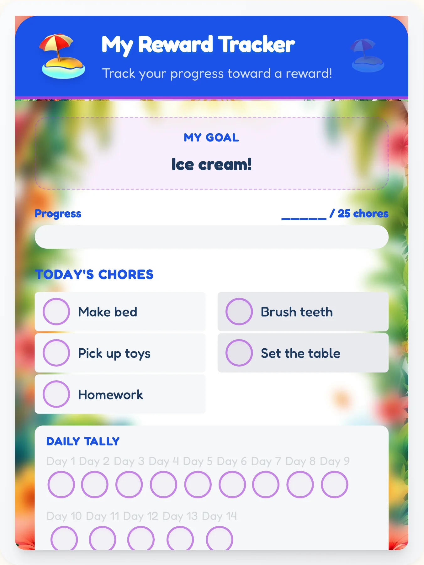 Mellow Beach Achievement Board - printable beach chore chart