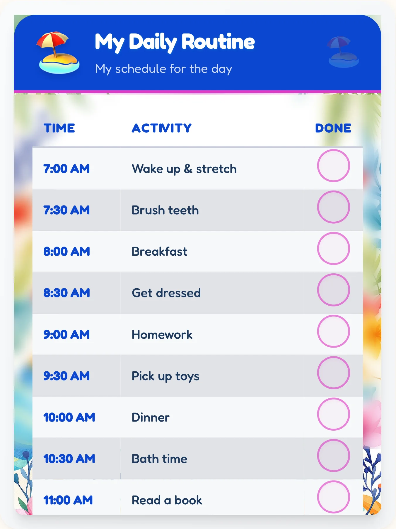 Luminous Beach Schedule Chart - printable beach chore chart