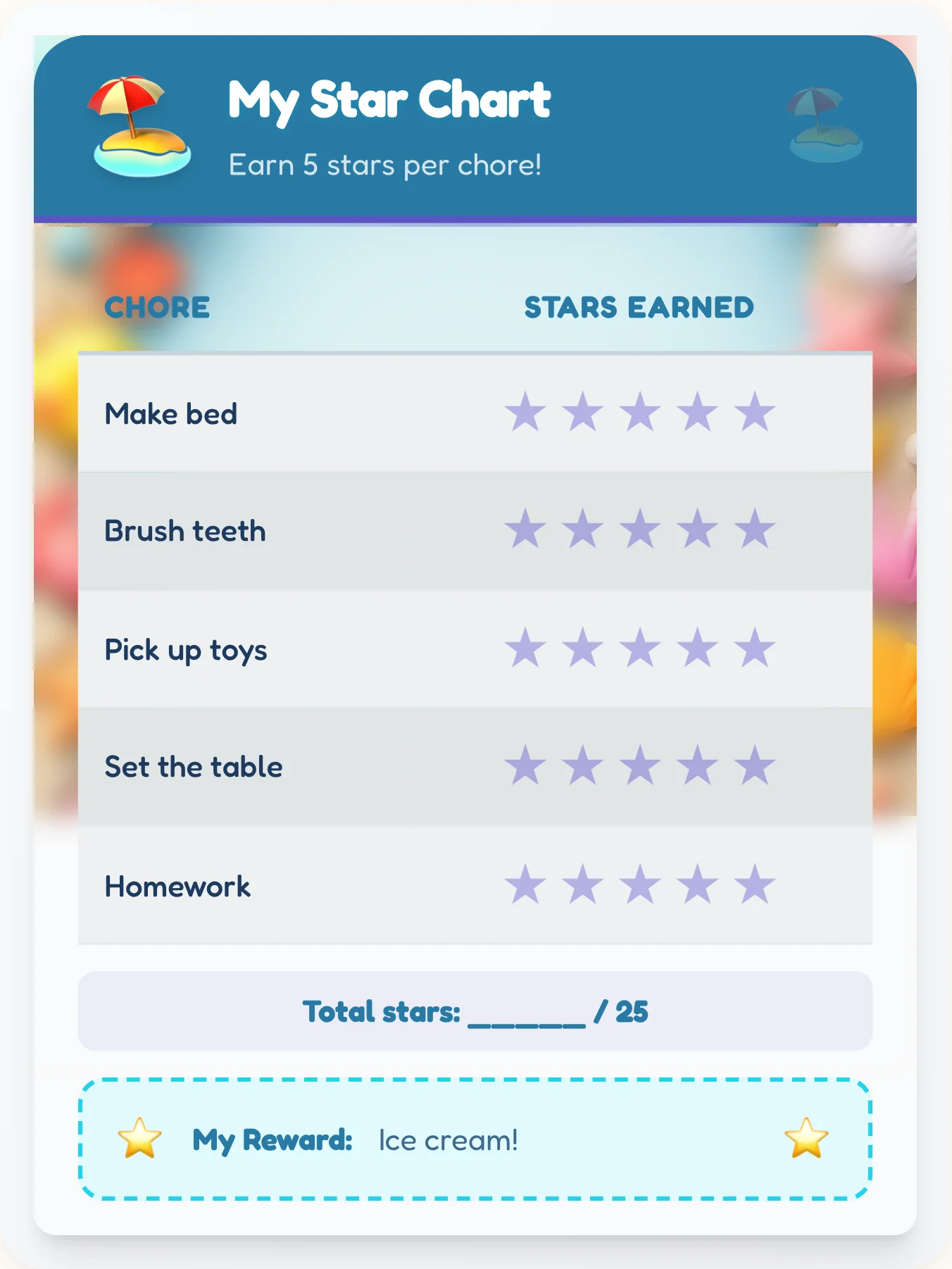 Joyful Beach Star Board - printable beach chore chart