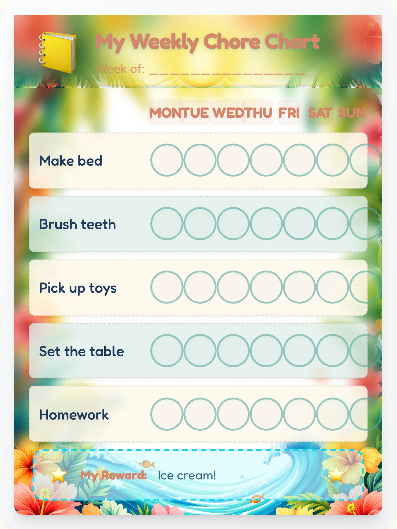 Sandy Shores Scrapbook Beach Chore Chart for Kids | Printable Weekly Grid - printable beach chore chart