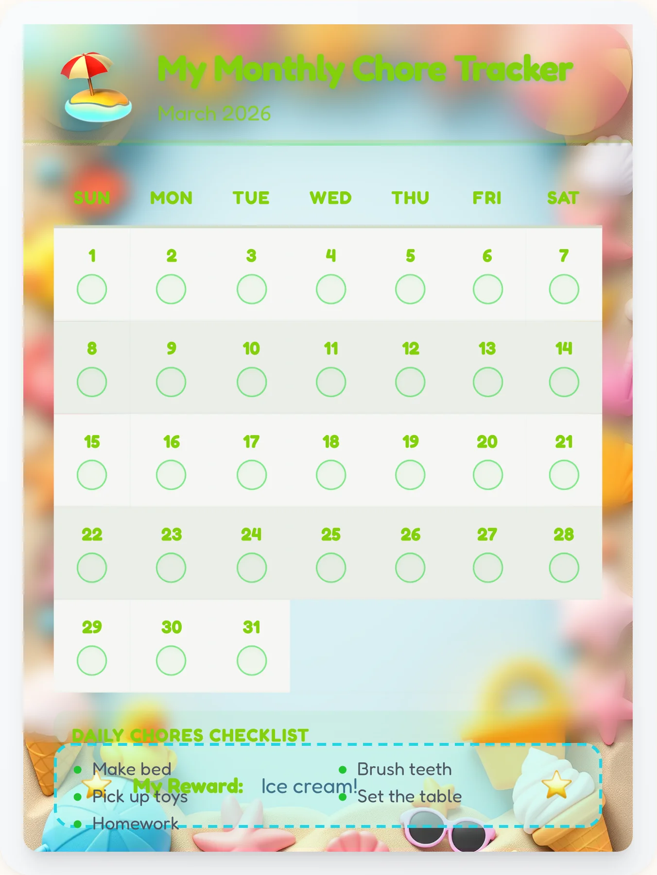 Playful Beach Calendar Chart - printable beach chore chart