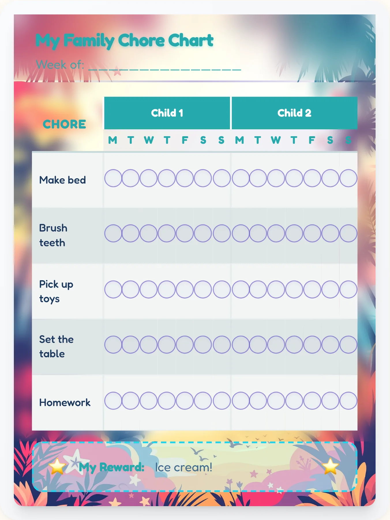 Gentle Beach Multi-Kid Tracker - printable beach chore chart