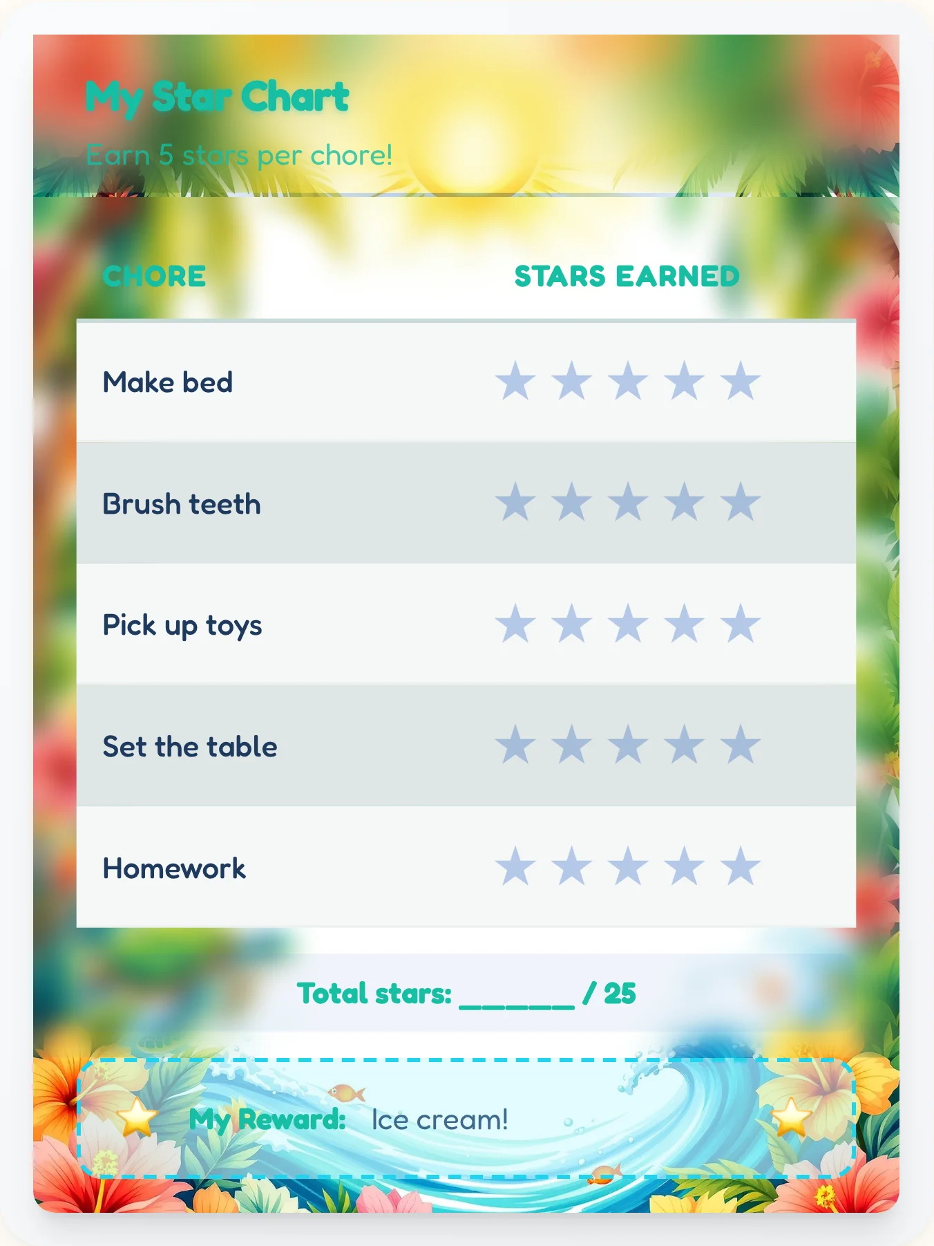Funky Beach Star Chart - printable beach chore chart