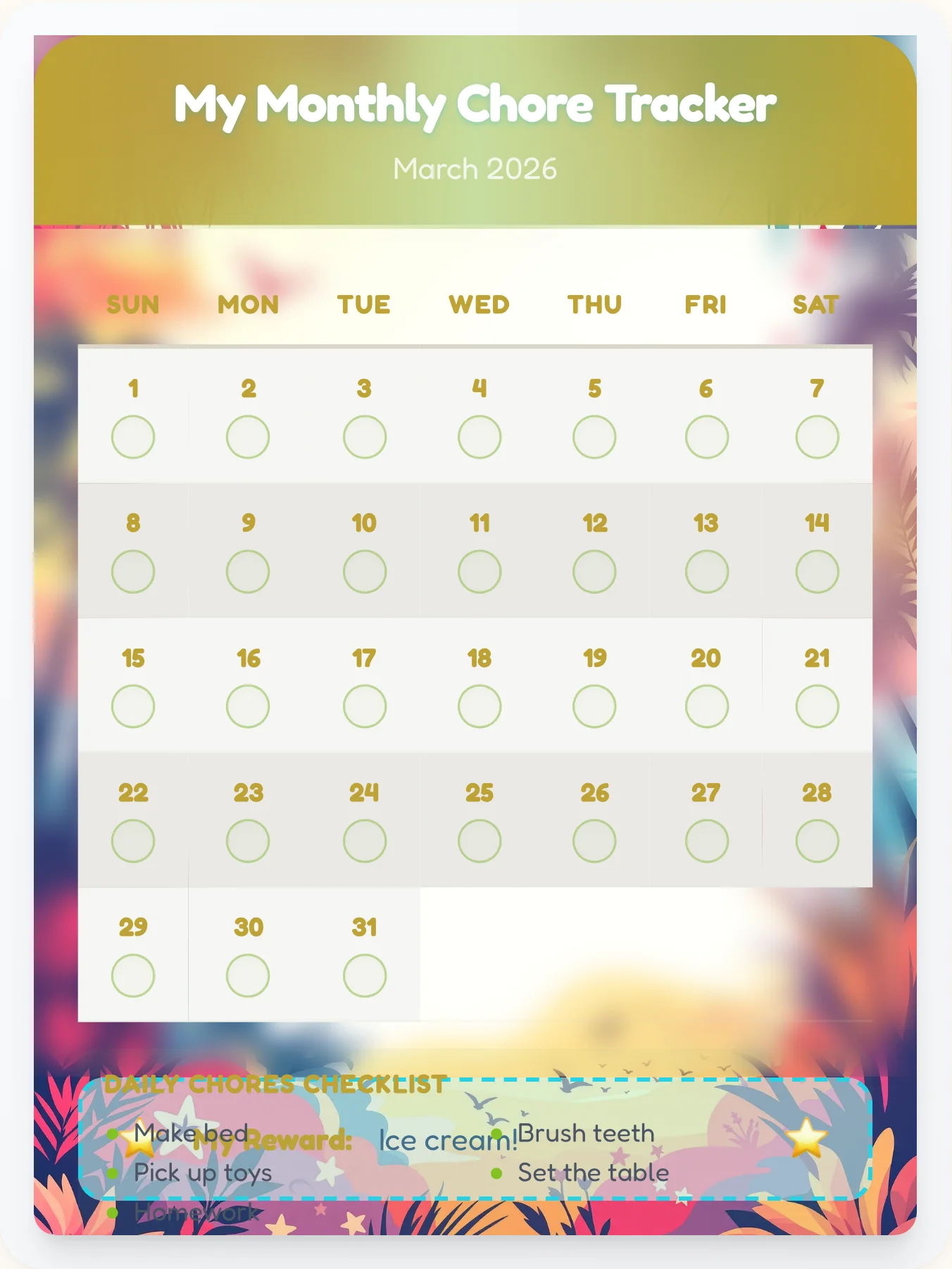 Jolly Beach Calendar Chart - printable beach chore chart