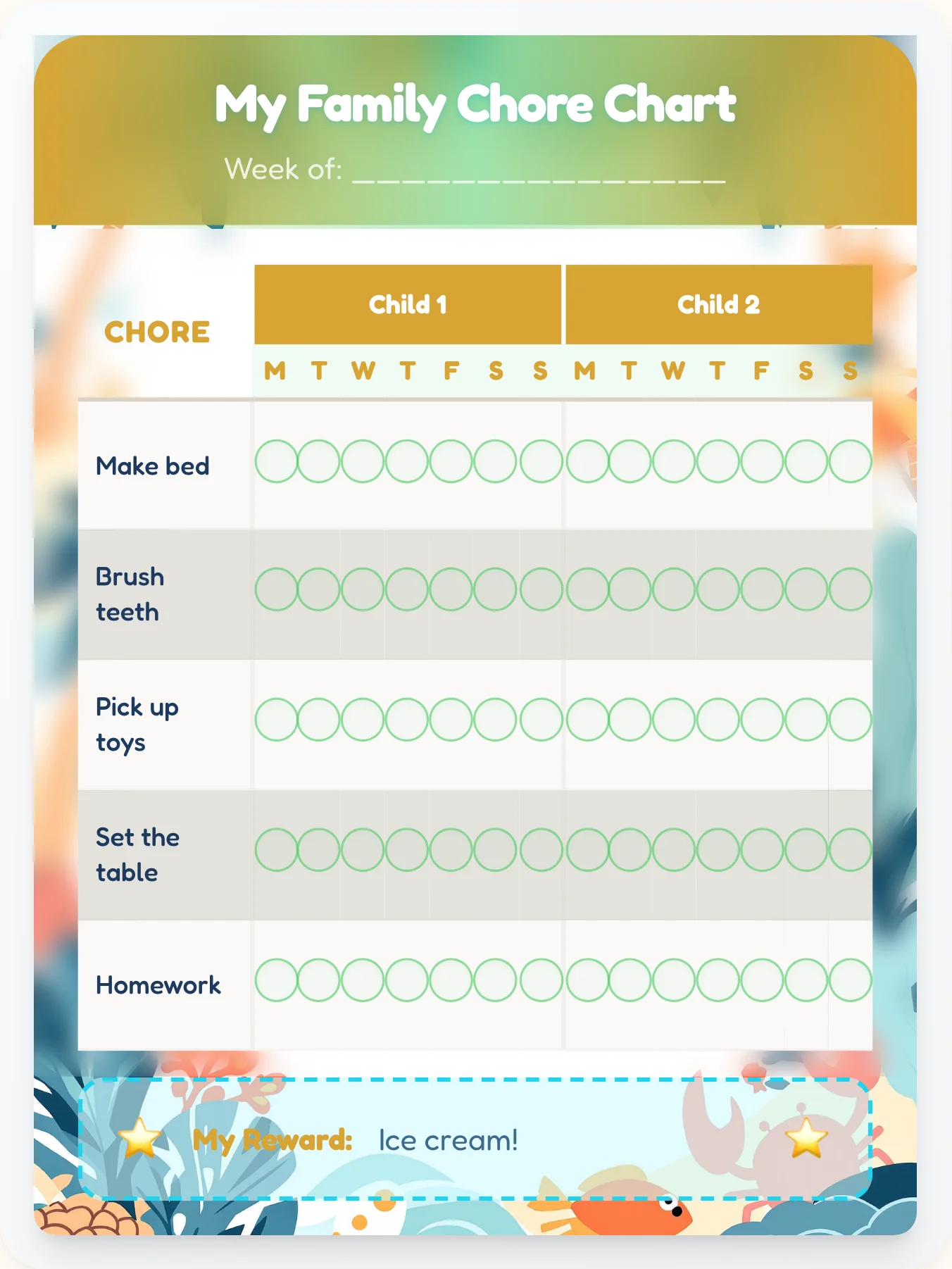 Happy Beach Team Chart - printable beach chore chart
