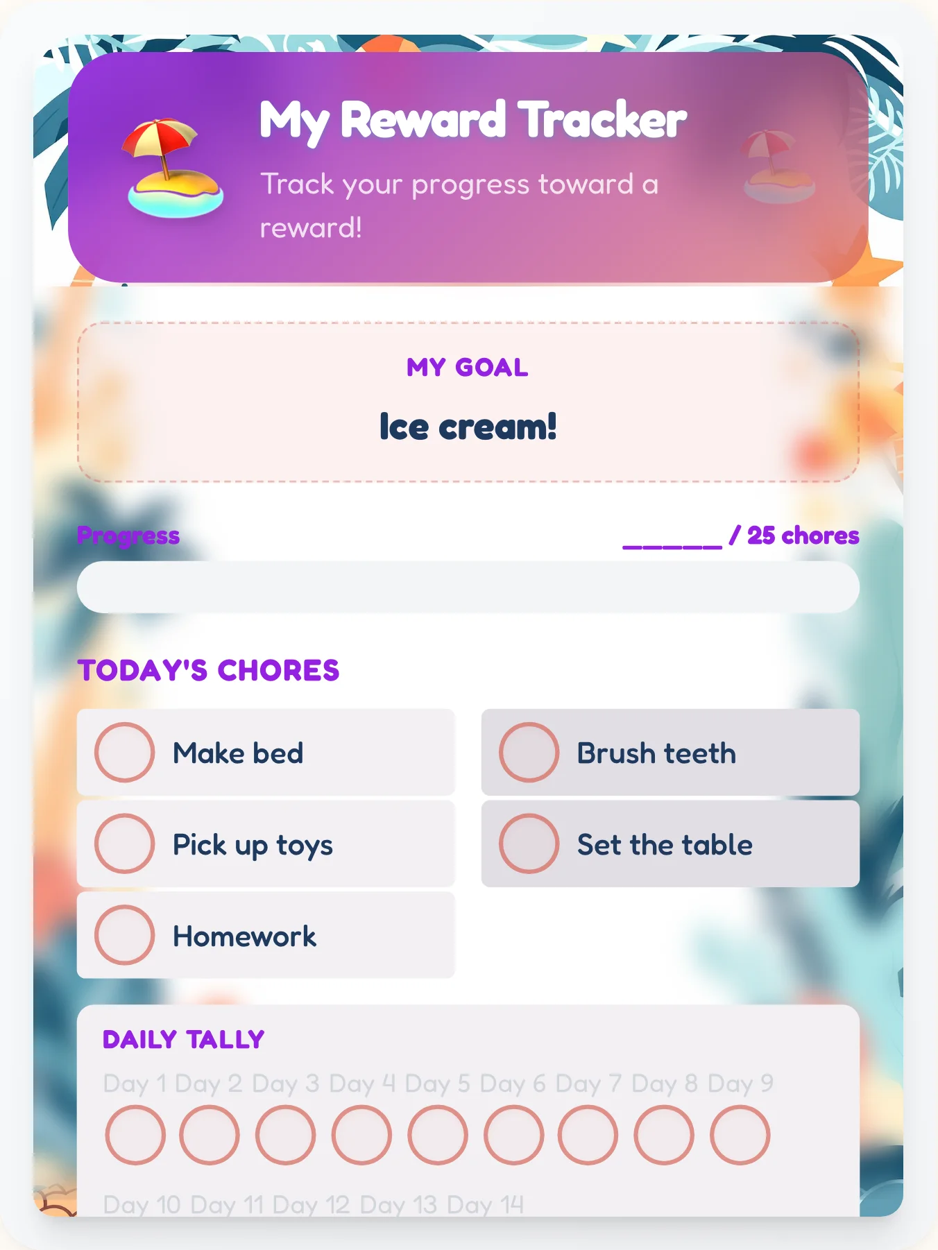 Tranquil Beach Goal Chart - printable beach chore chart