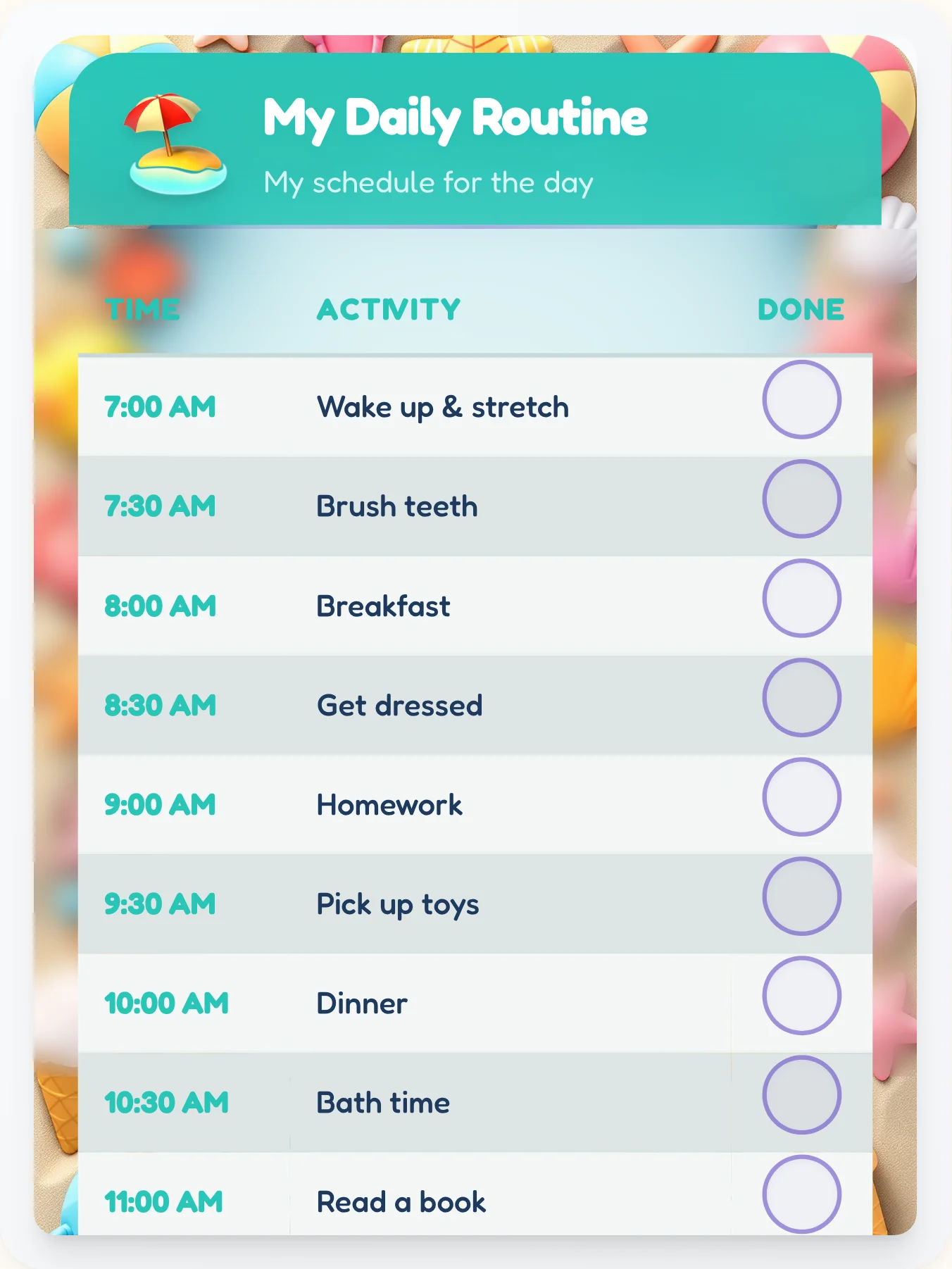 Funky Beach Time Planner - printable beach chore chart