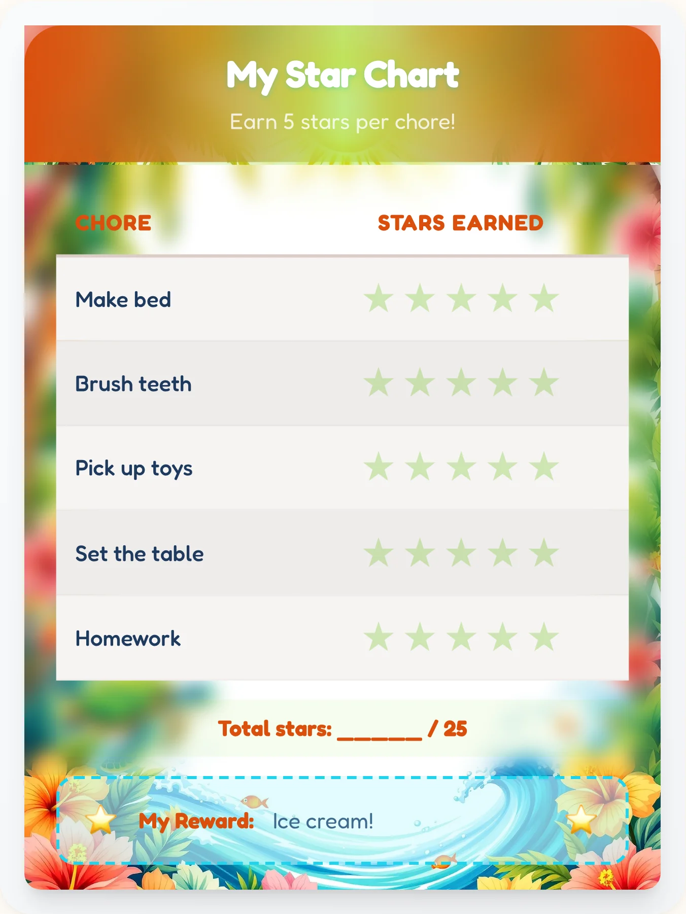 Dreamy Beach Star Board - printable beach chore chart