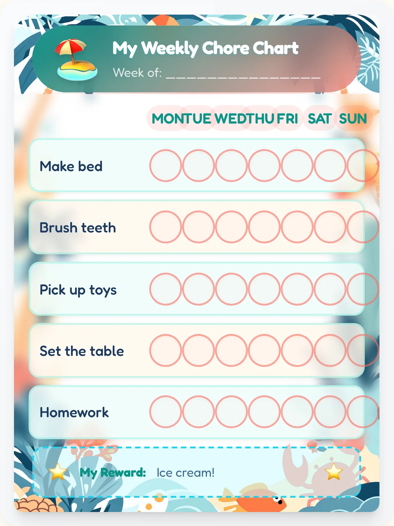 Coastal Geo Beach Flat Vector Chore Chart - printable beach chore chart
