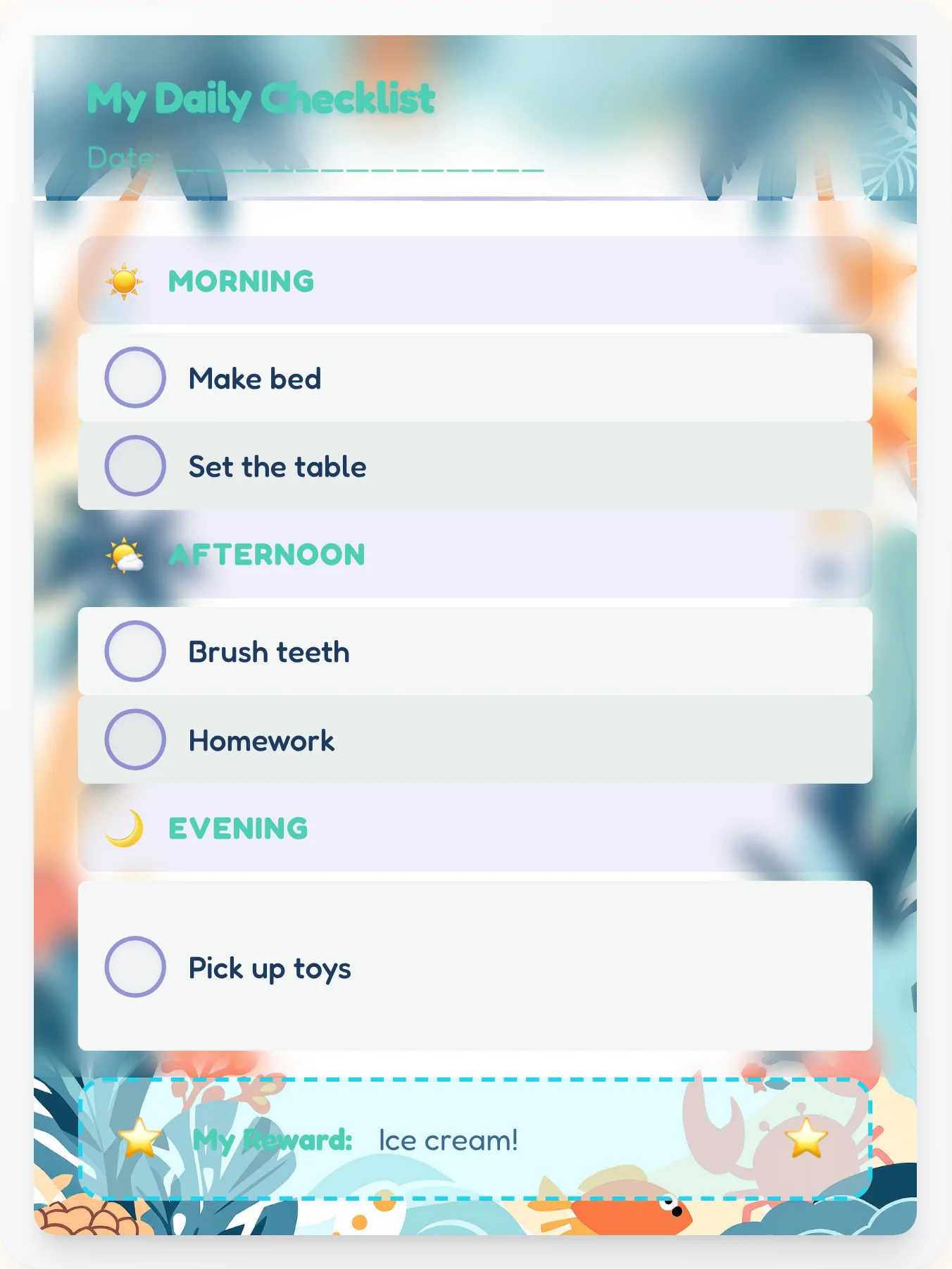 Funky Beach Daily Planner - printable beach chore chart
