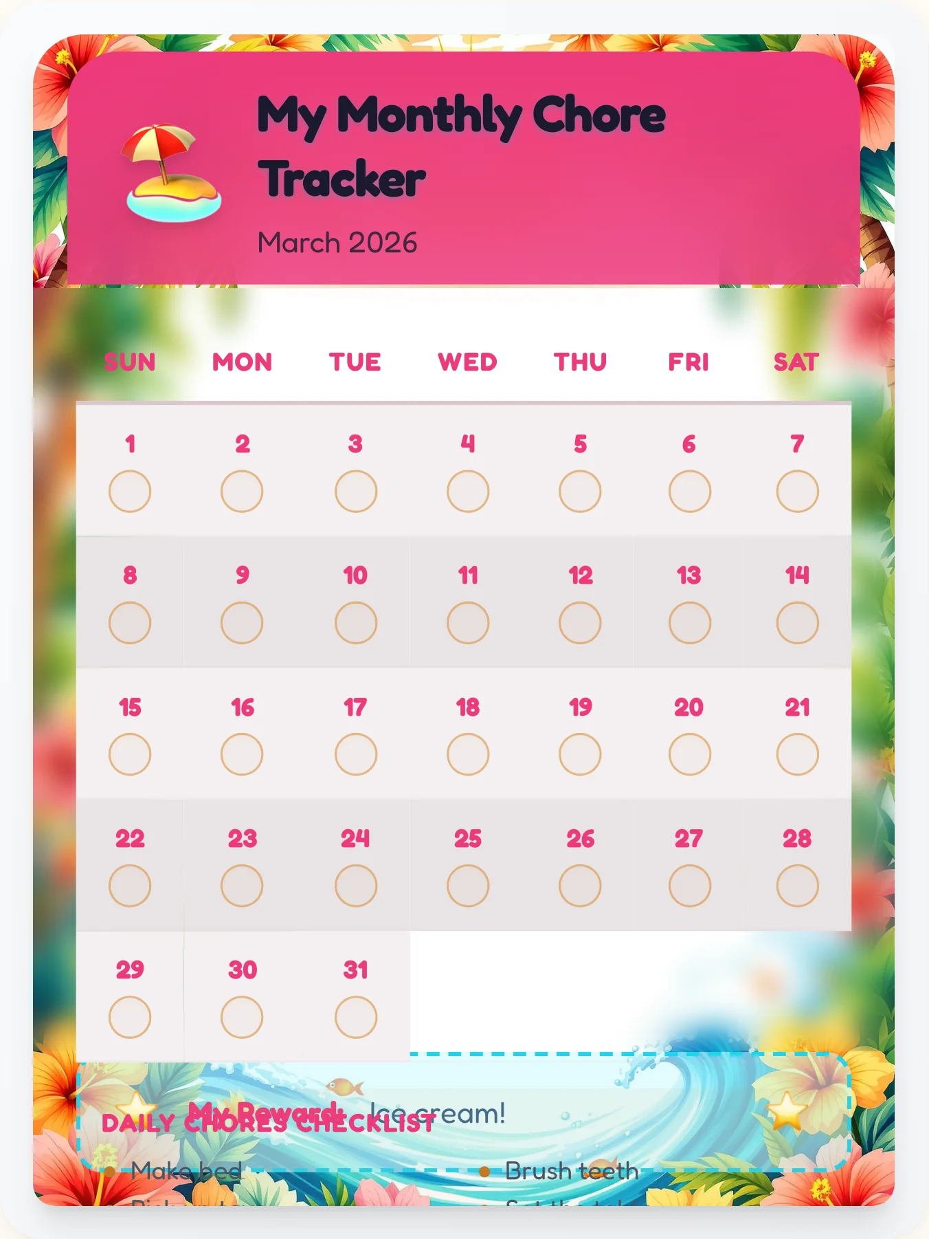 Electric Beach Calendar Board - printable beach chore chart
