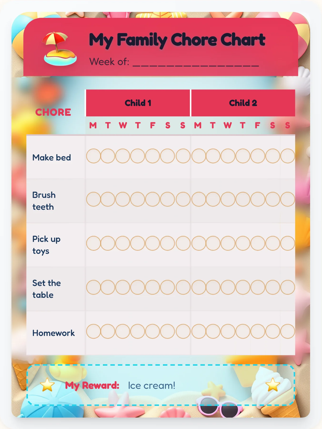 Frosty Beach Sibling Board - printable beach chore chart