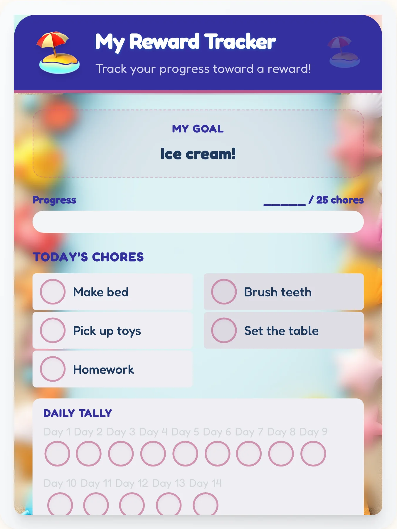 Organic Beach Reward Board - printable beach chore chart