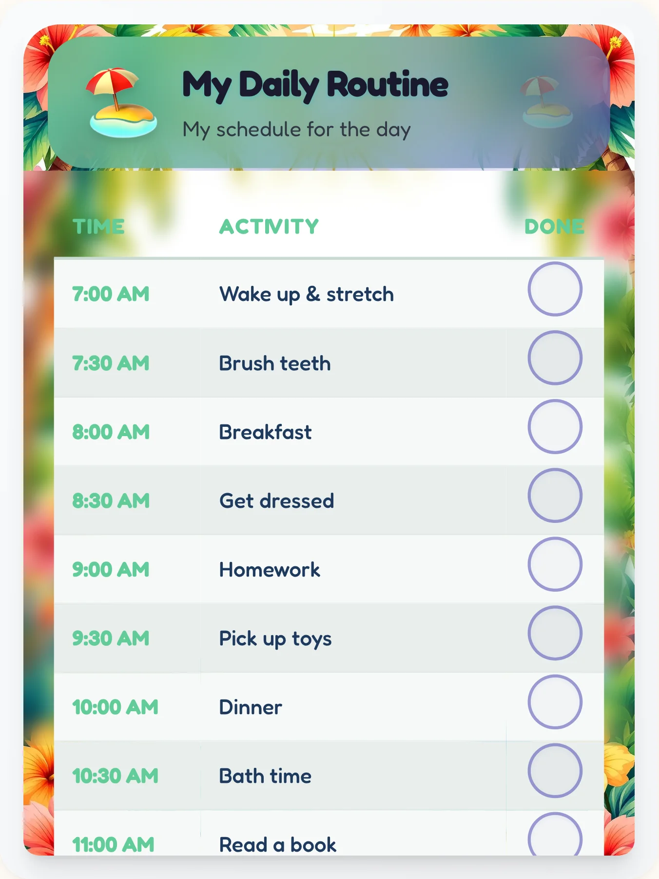 Cheerful Beach Routine Board - printable beach chore chart