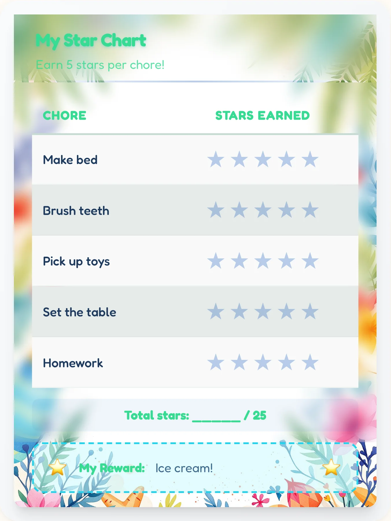 Dainty Beach Gold Stars - printable beach chore chart