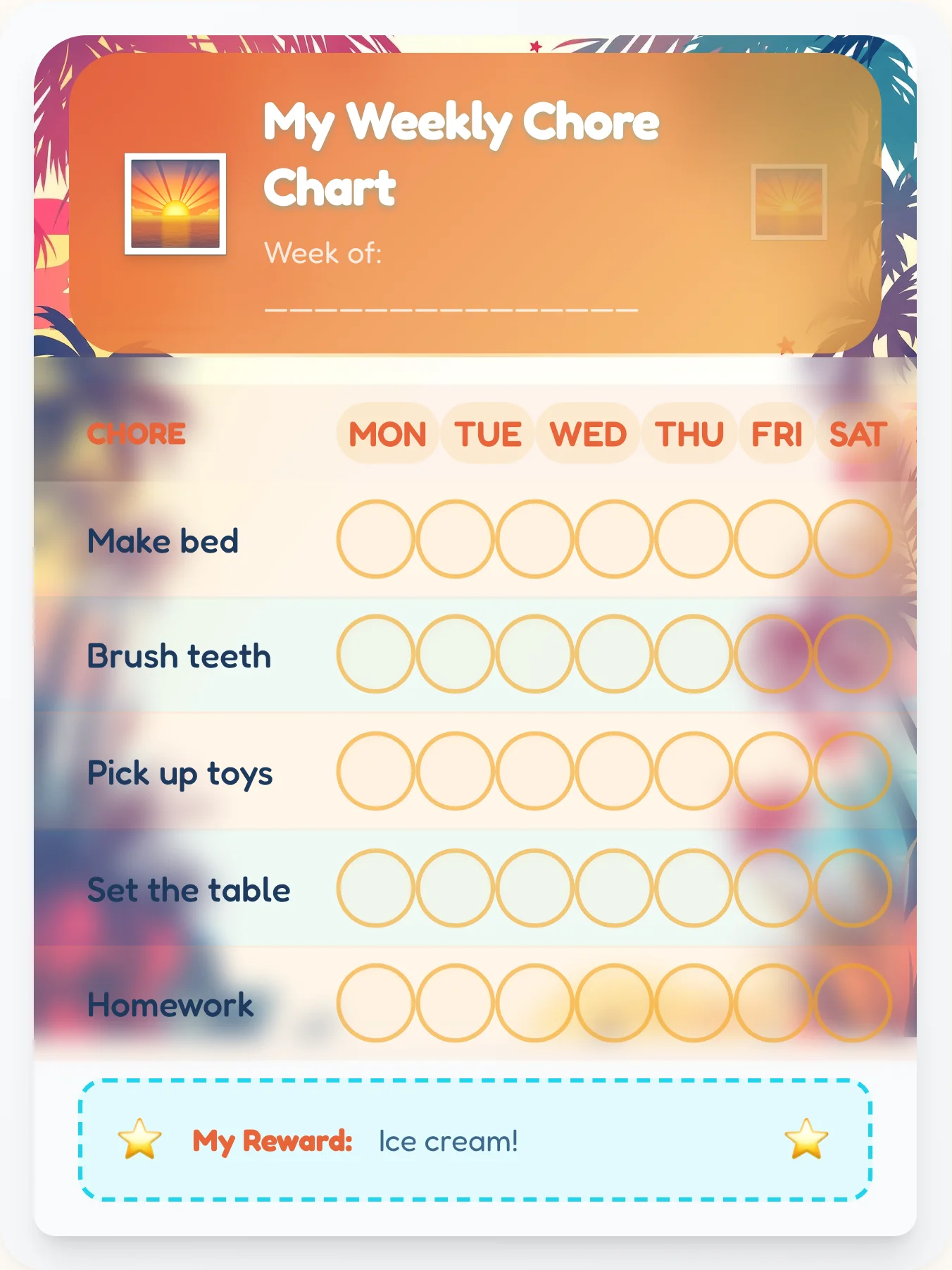 Golden Horizon Beach Sunset Chore Chart - Free Printable - printable beach chore chart