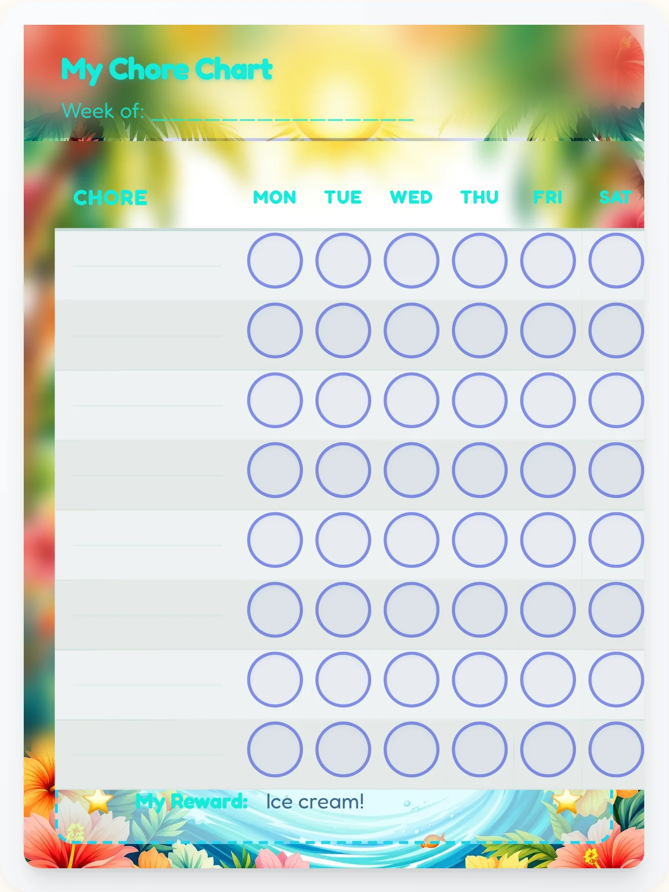 Funky Beach DIY Chart - printable beach chore chart