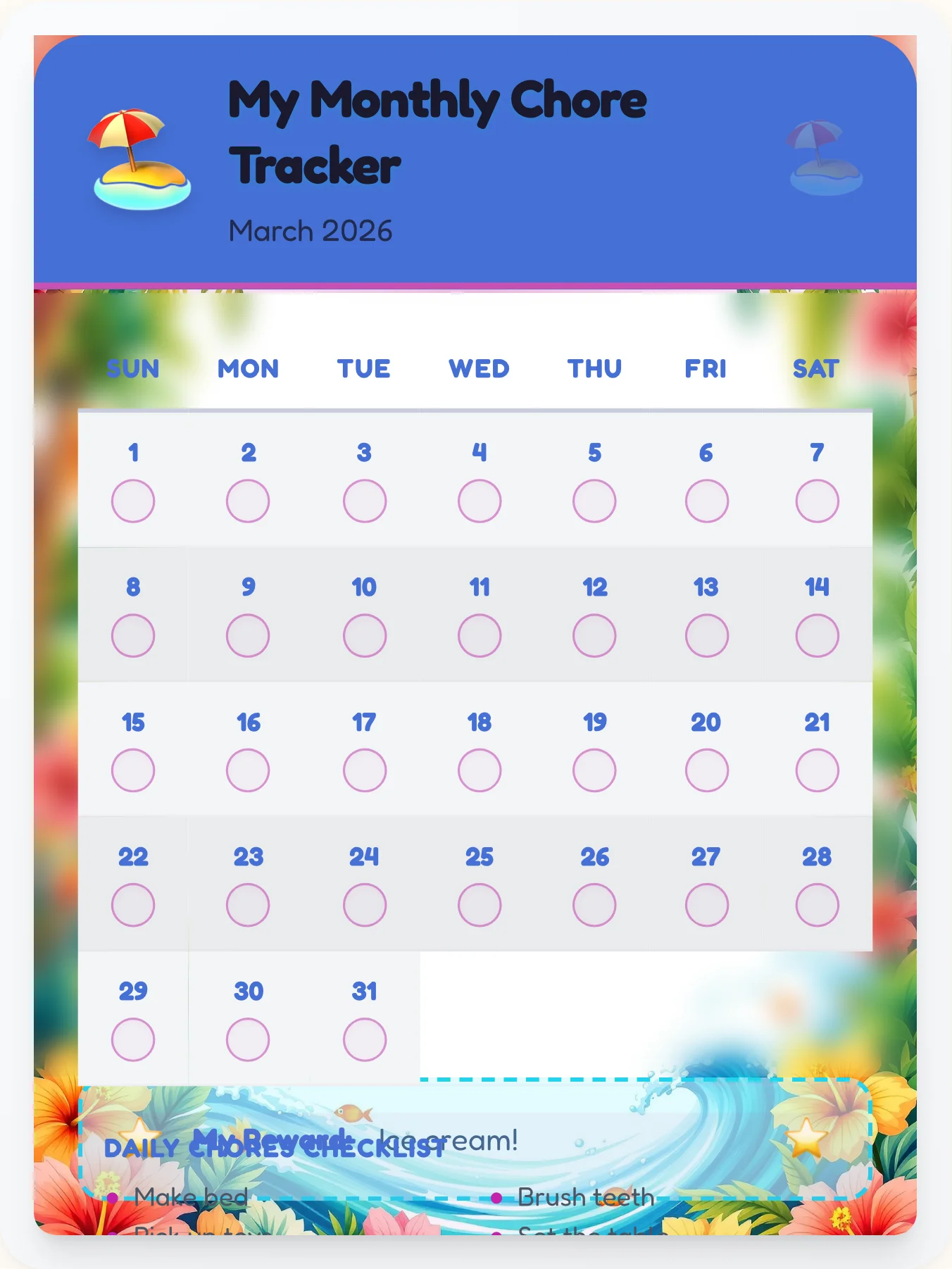 Luminous Beach Month View - printable beach chore chart