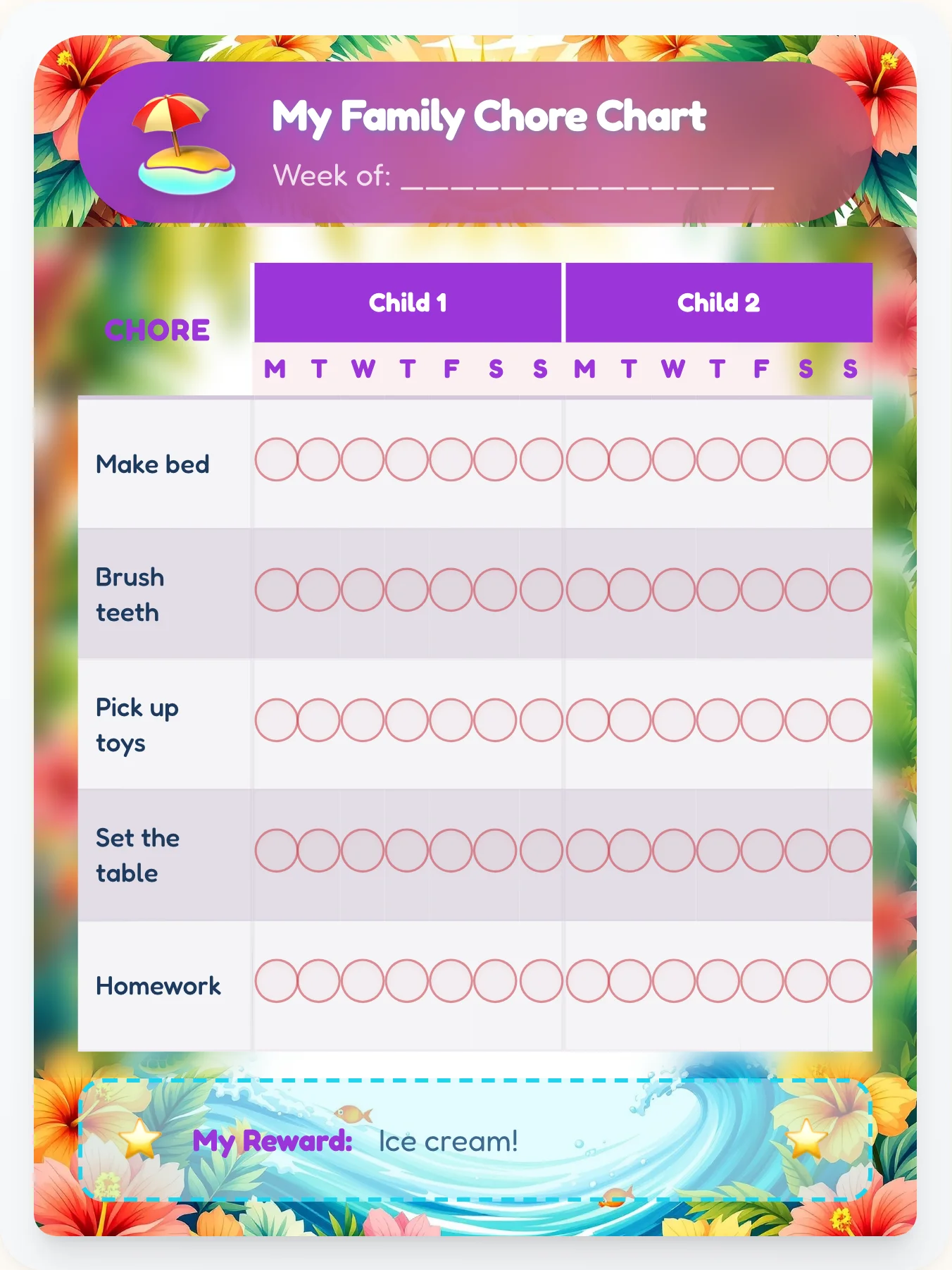 Tranquil Beach Team Chart - printable beach chore chart