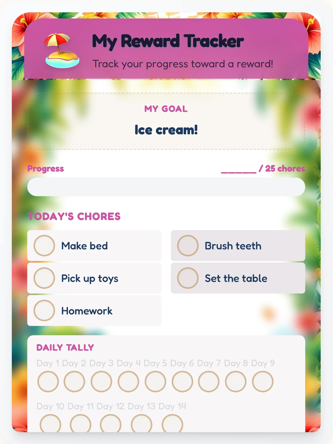 Calm Beach Reward Board - printable beach chore chart