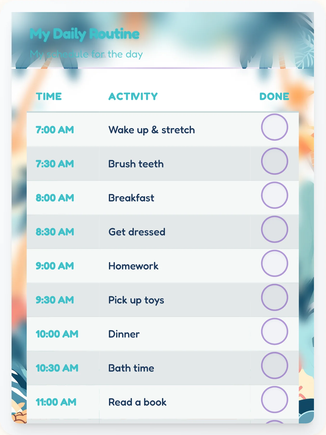 Harmony Beach Schedule Chart - printable beach chore chart