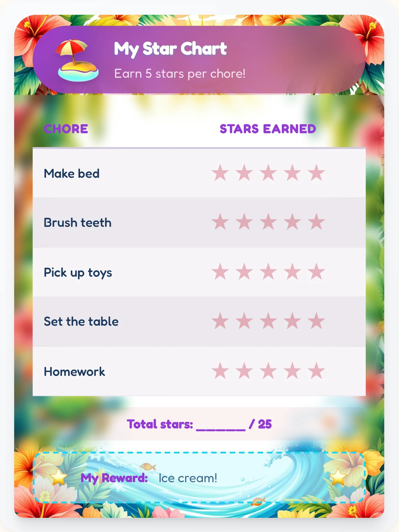Tranquil Beach Star Board - printable beach chore chart